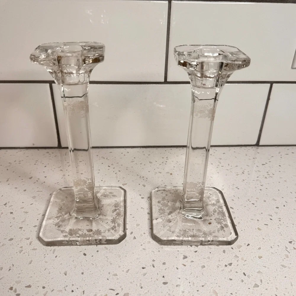 Set of 2 1930s Etched Crystal Candlestick Holders Clear Glass Floral Square Base